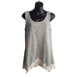 Moa Moa Tank Top Women's Gray  Sleeveless Blouse Crochet Hem Tie Back Size L